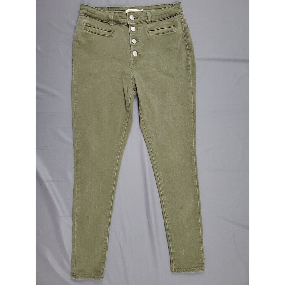 Levis 721 High Rise Skinny Jeans Womens 29 Olive Green Exposed Button Fly Denim